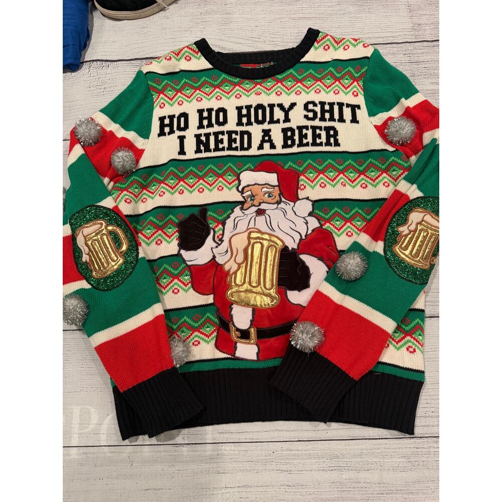 Spencer’s  HOHO Holy Shit I need A Beer” Ugly Christmas Sweater Size L